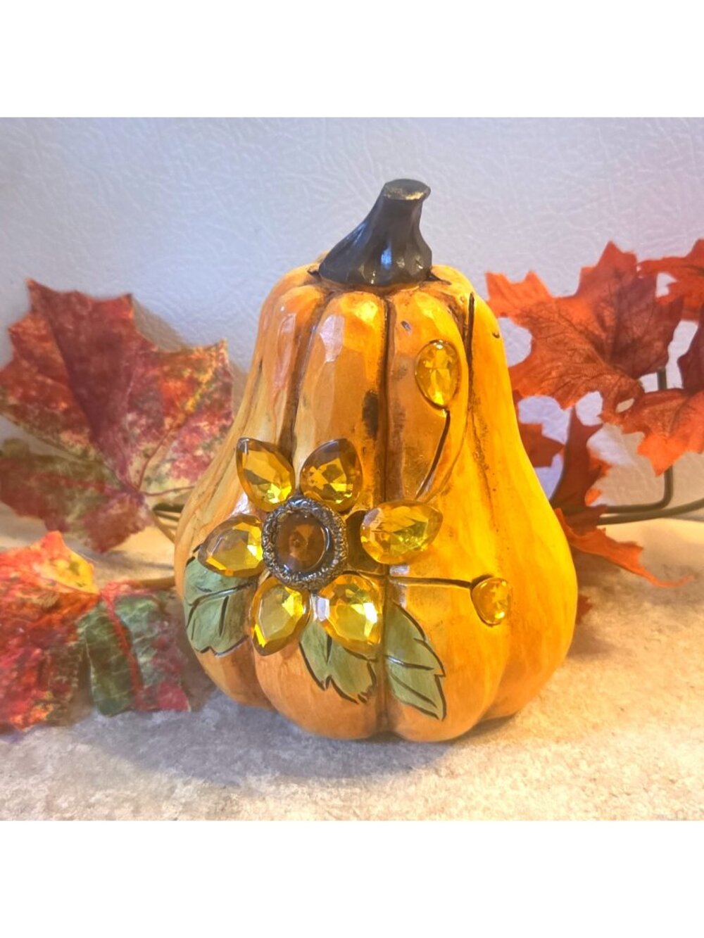 Pumpkin with Rhinestone Flowers Fall Decor 5" Resin